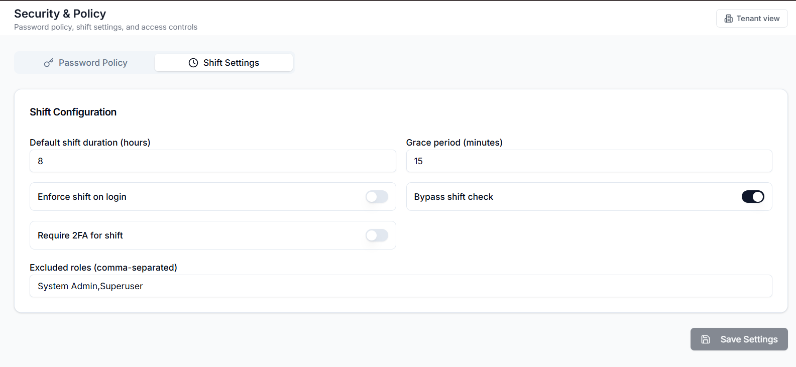 Shift and access settings